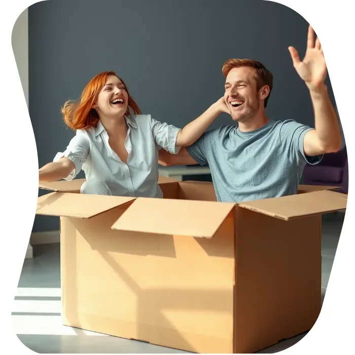 Two guys sitting on the floor of their apartment with Muval moving boxes